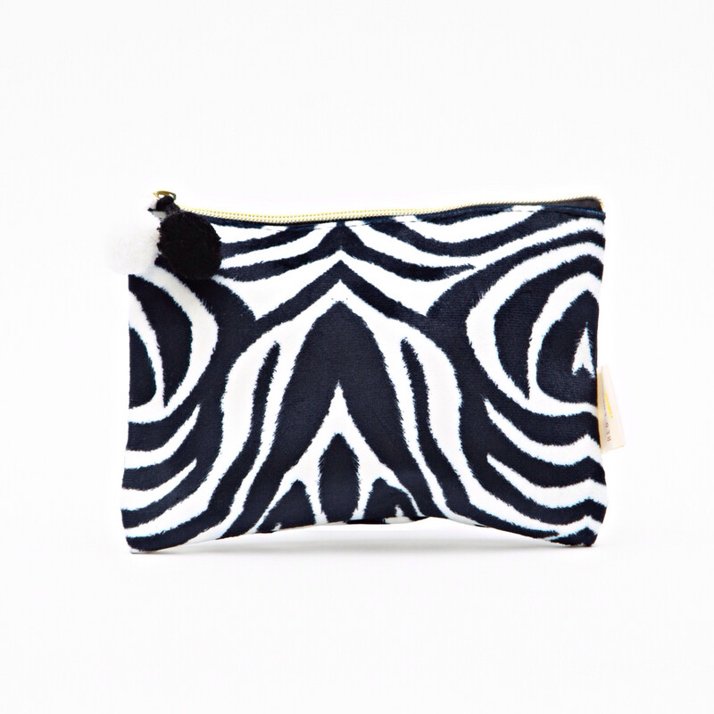 Zebra Print Pom Pom Cosmetic Bag - Small