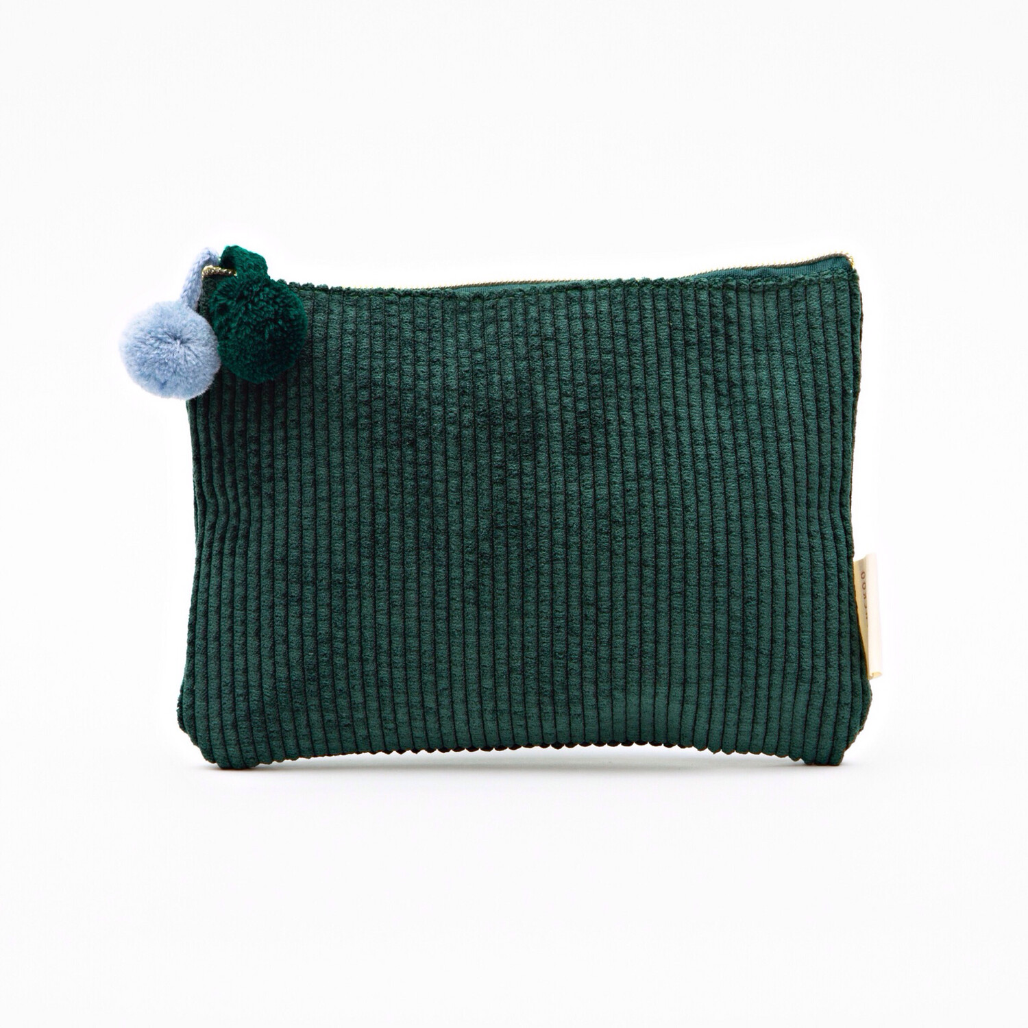 Dark Green Corduroy Pom Pom Cosmetic Bag - Small