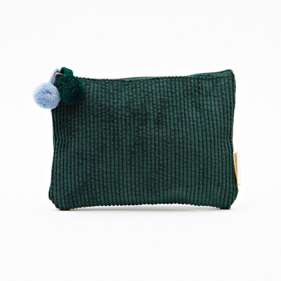 Dark Green Corduroy Pom Pom Cosmetic Bag - Small