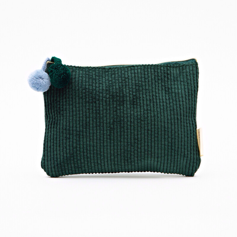 Dark Green Corduroy Pom Pom Cosmetic Bag - Small