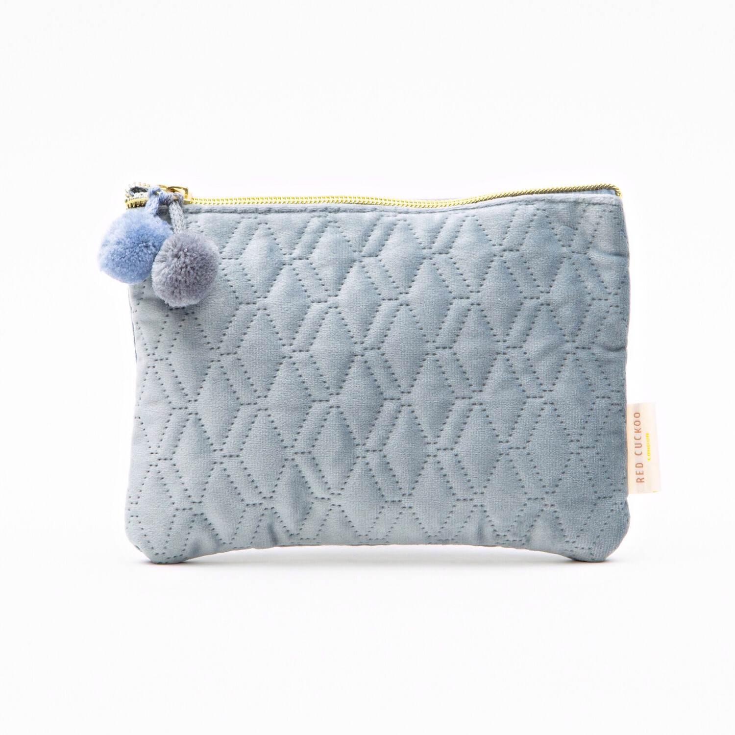Duck Egg Blue Pom Pom Quilted Cosmetic Bag - Small