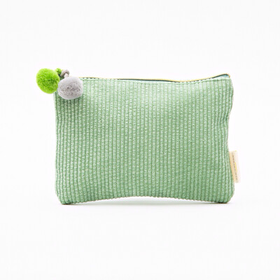 Light Green Corduroy Pom Pom Cosmetic Bag - Small