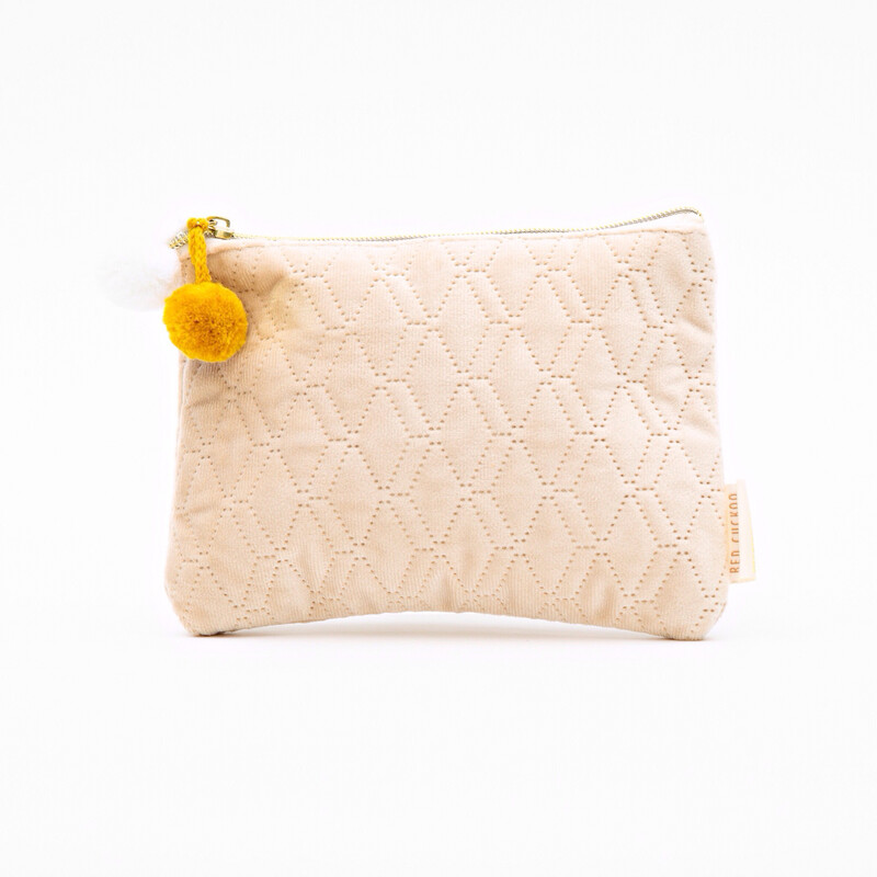 Cream Quilted Pom Pom Cosmetic Bag - Small