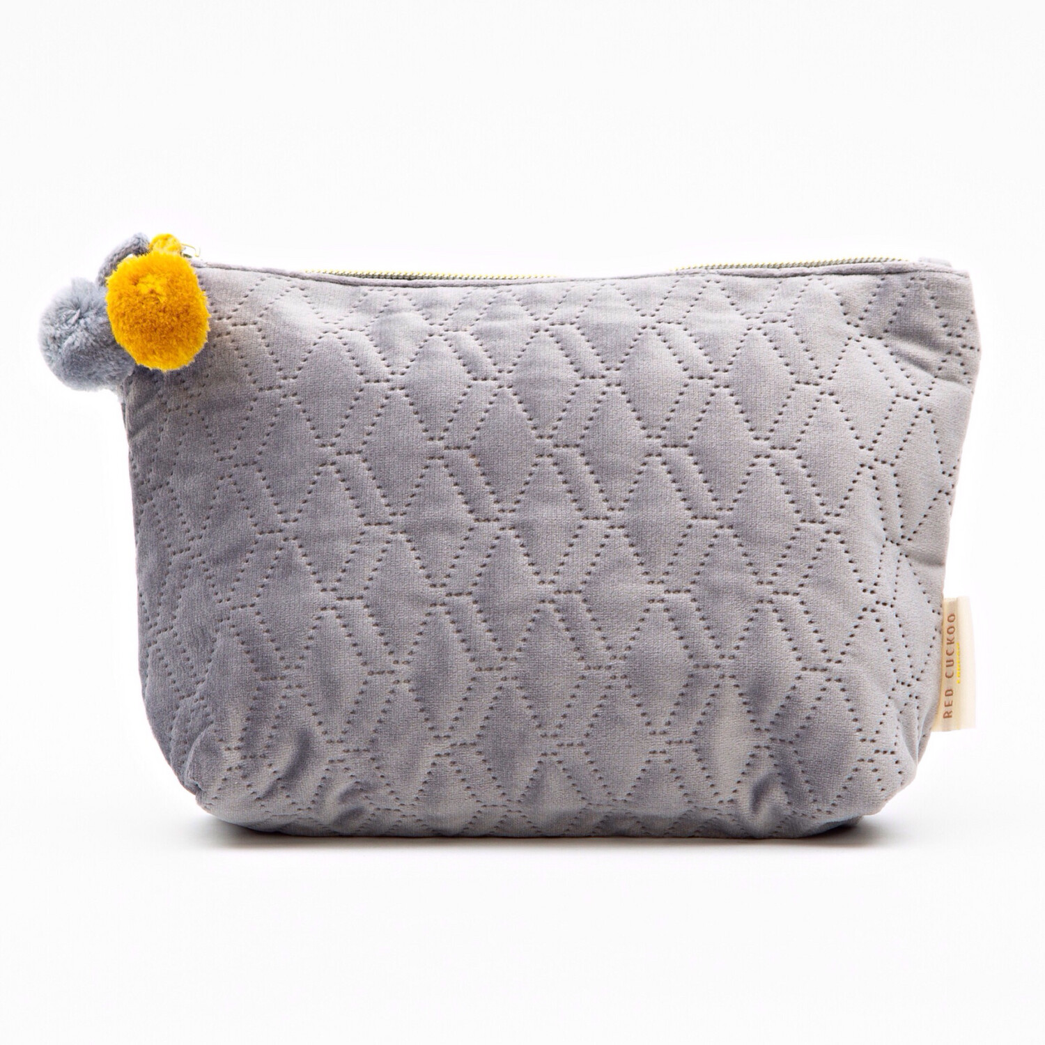Grey Pom Pom Quilted Cosmetic Bag - Medium