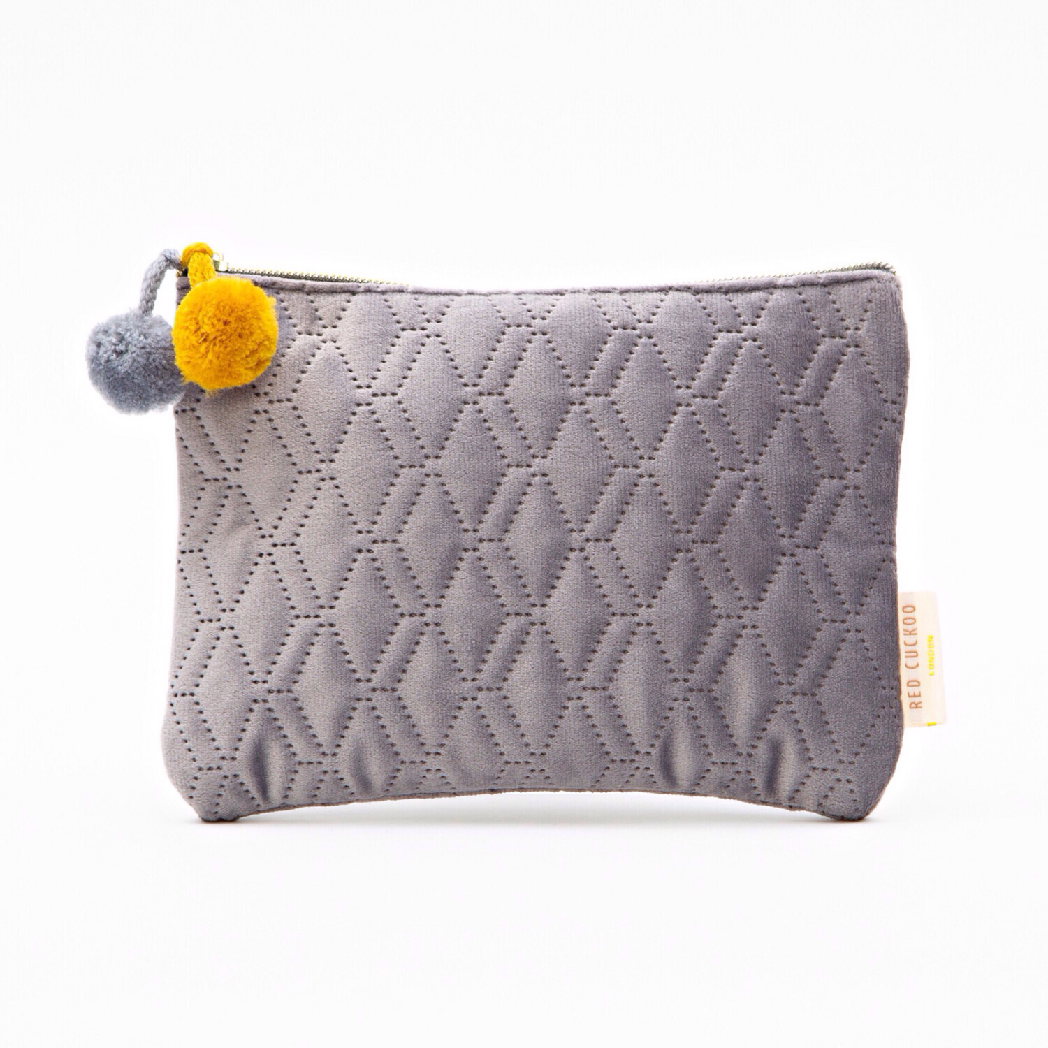 Grey Pom Pom Quilted Cosmetic Bag - Small