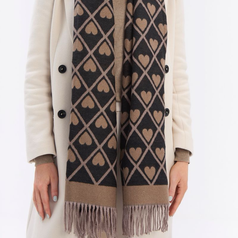 Medium Weight Heart Scarf - Black And Beige