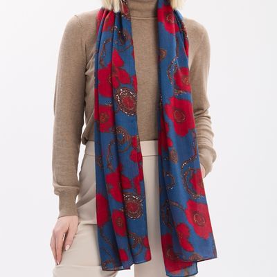 Blue And Red Flower Scarf
