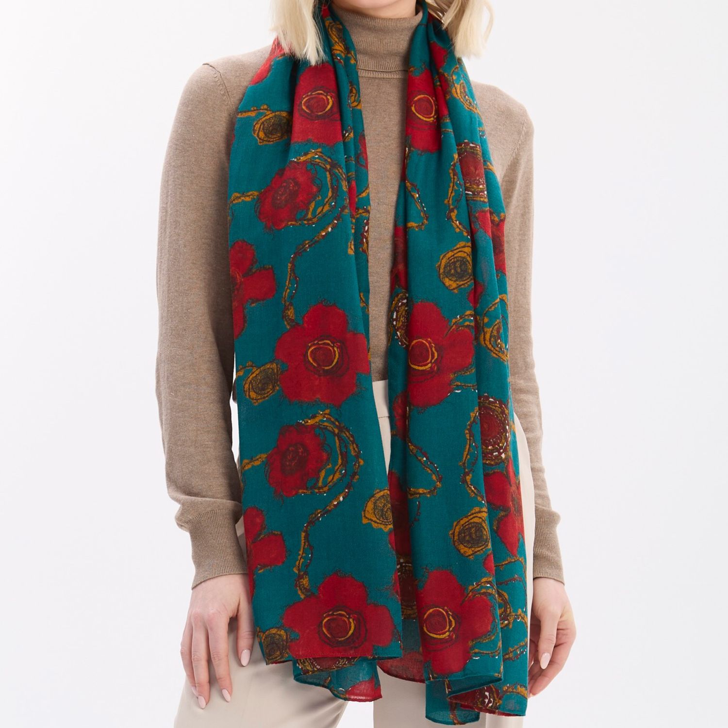 Teal And Red Flower Scarf