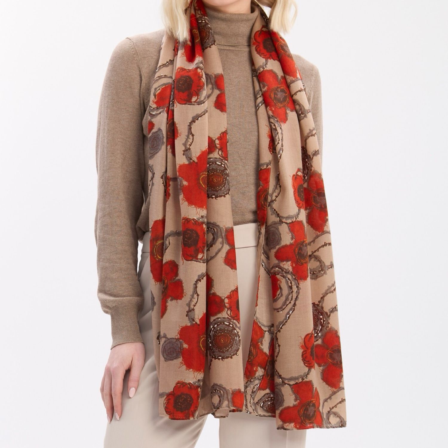Beige And Red Flower Scarf