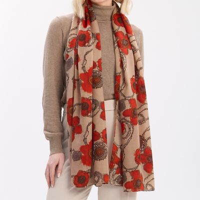 Beige And Red Flower Scarf