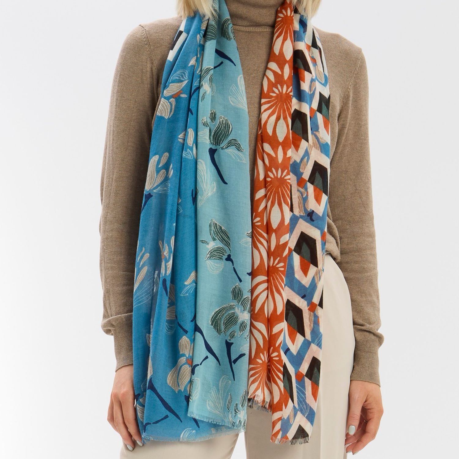 SCARF OF THE MONTH - Multi Pattern Scarf - Blue And Orange Tones