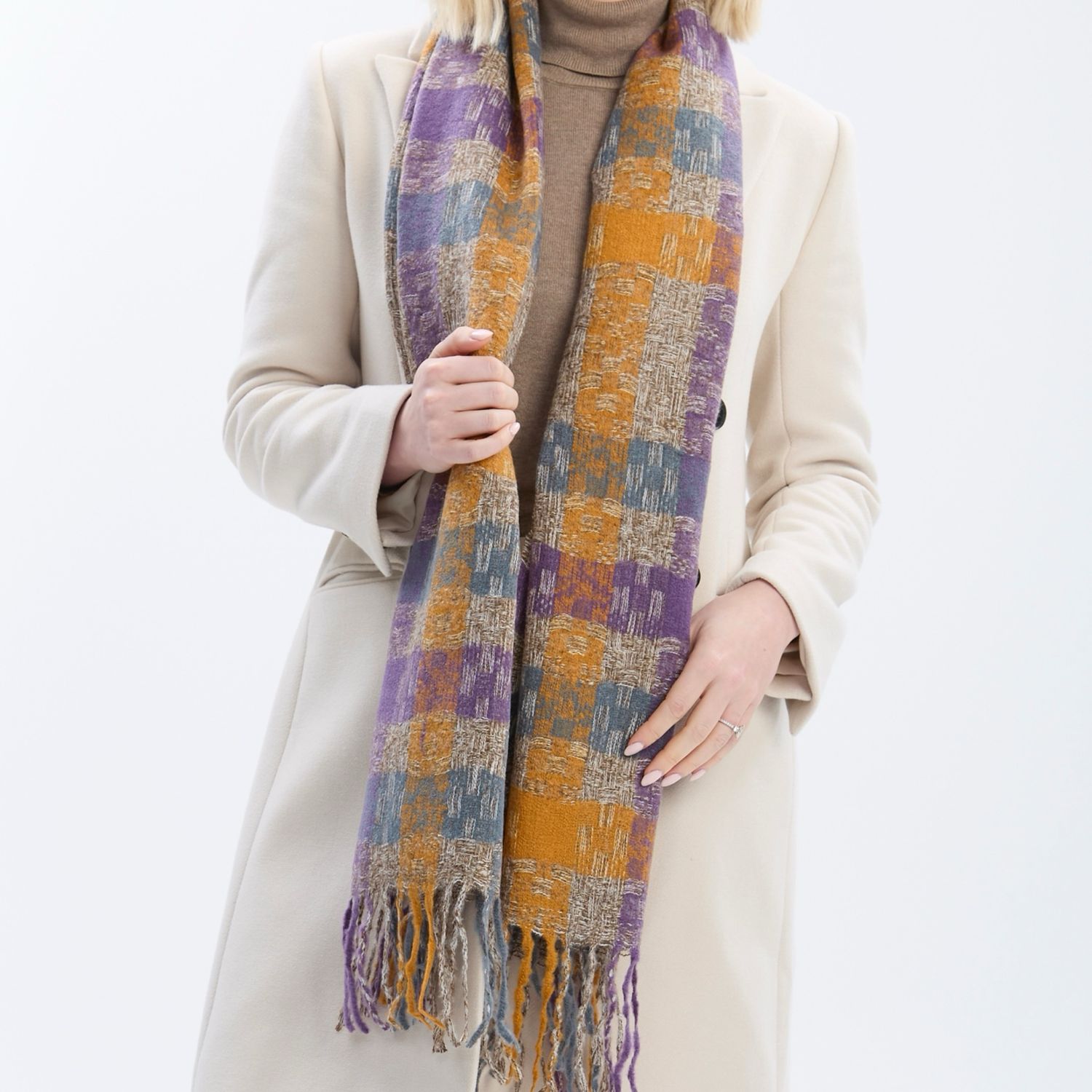 Medium Weight Tassel Check Scarf - Orange And Purple Tone