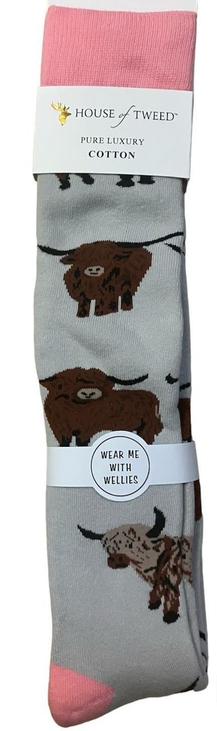 Highland Cow Welly Socks- Grey