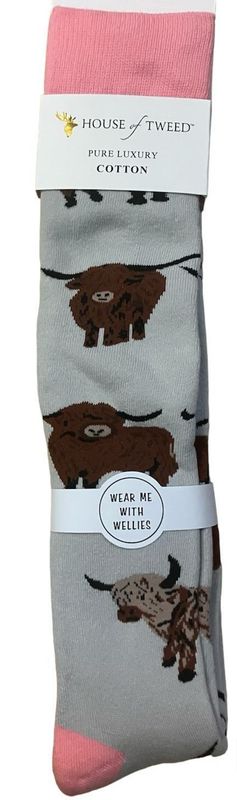 Highland Cow Welly Socks- Grey
