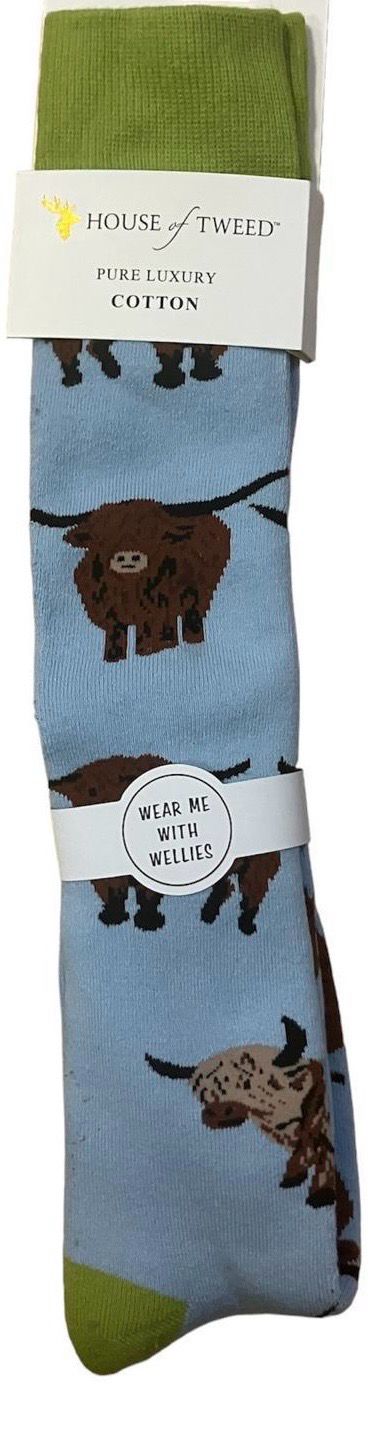 Highland Cow Welly Socks- Blue