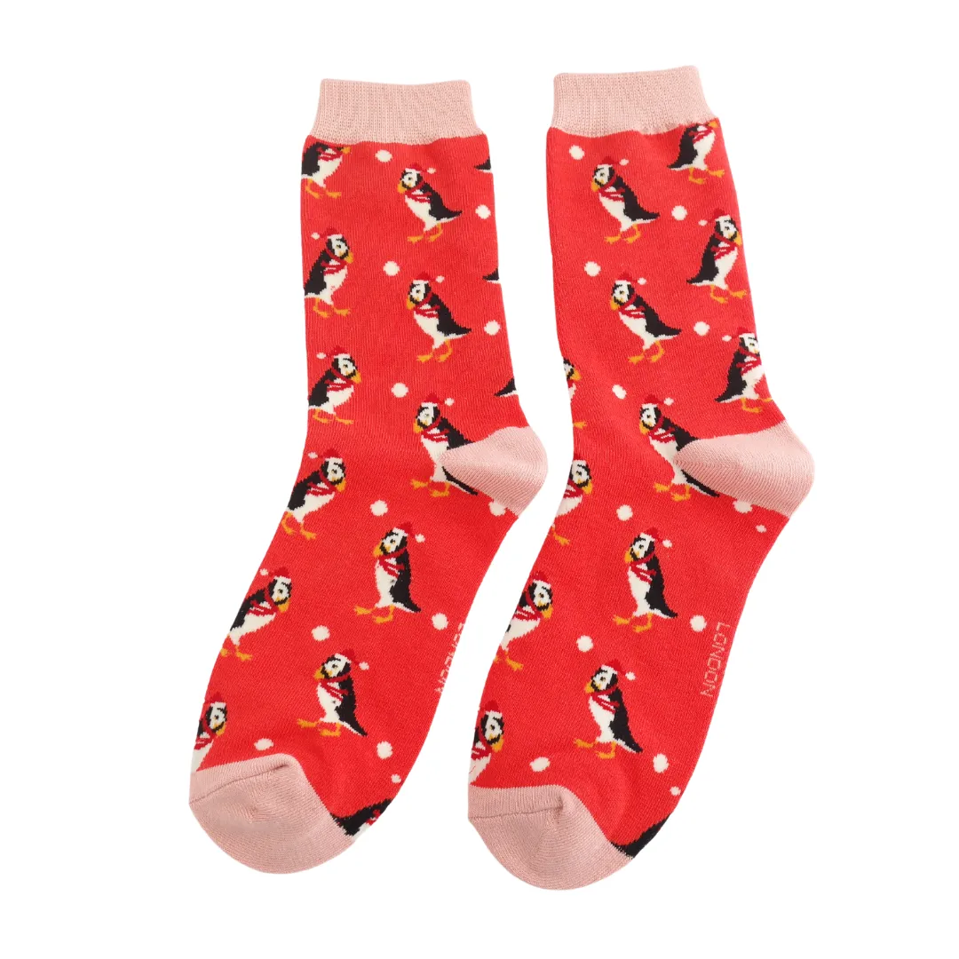 Xmas Puffins Bamboo Socks - Red