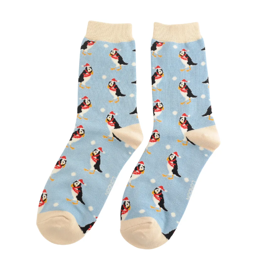 Xmas Puffin Bamboo Socks - Powder Blue