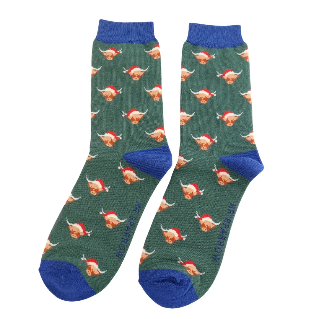 Xmas Highland Cow Bamboo Socks - Green