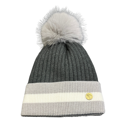 Faux Fur Lined Pom Pom Hat - Grey And Cream