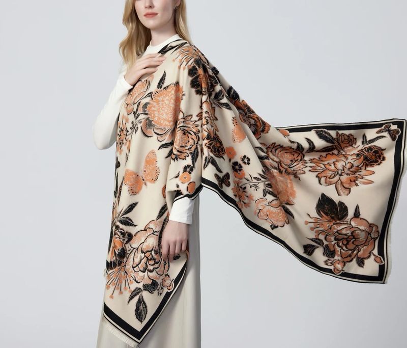 Luxury Contemporary Flower And Butterfly Medium Weight Scarf - Orange Tones