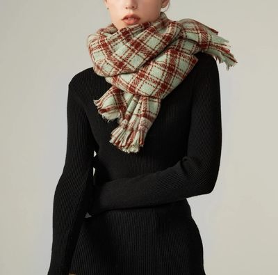 SPECIAL OFFER - Medium Weight Green And Brown Check Scarf