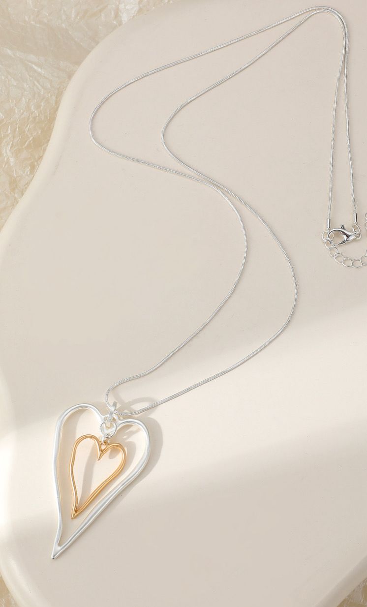 Long Layered Heart Necklace - Silver And Gold
