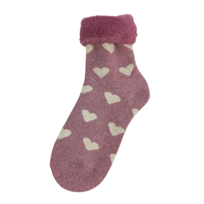 Faux Fur Cosy Cuff Heart Socks - Pink