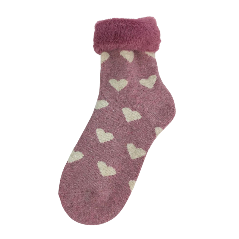 Faux Fur Cosy Cuff Heart Socks - Pink