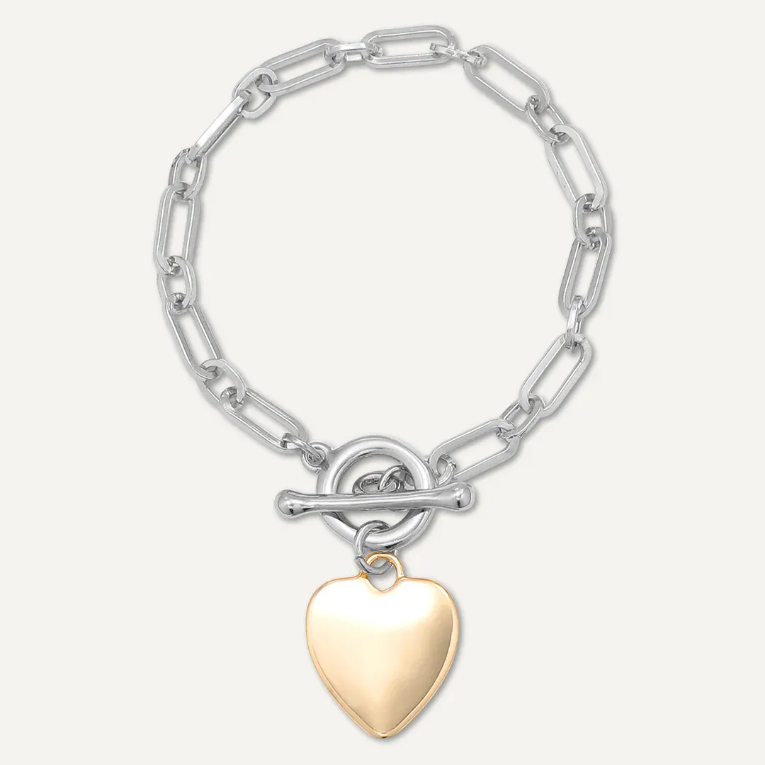 Silver And Gold Heart T Bar Bracelet