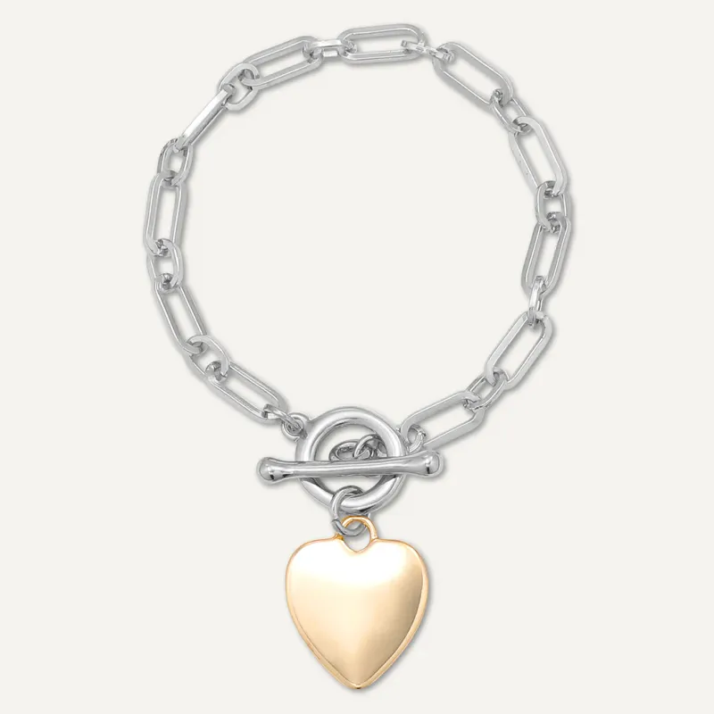 Silver And Gold Heart T Bar Bracelet