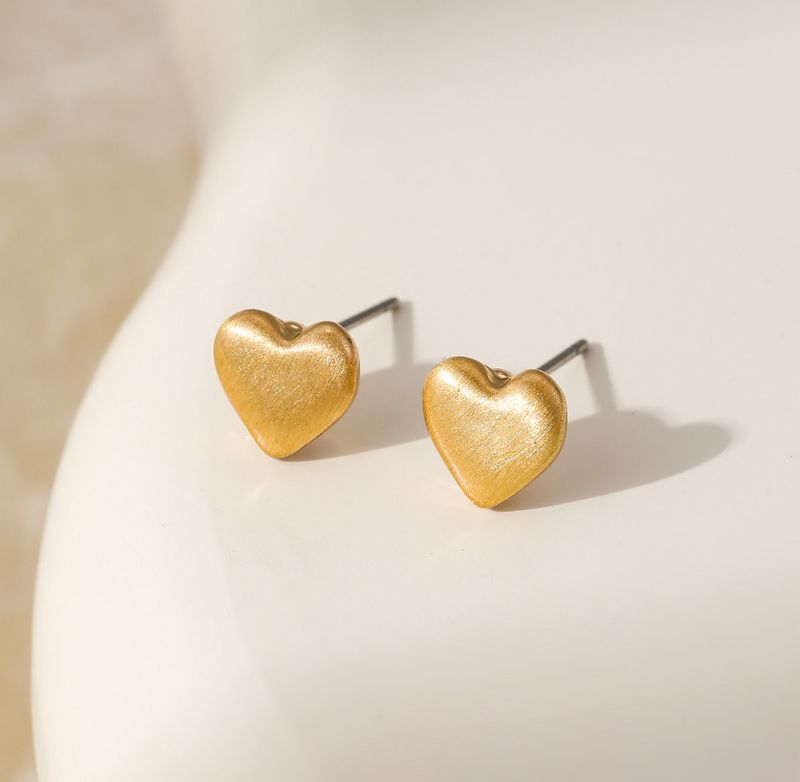 Mini Brushed Metal Heart Stud Earrings - Gold