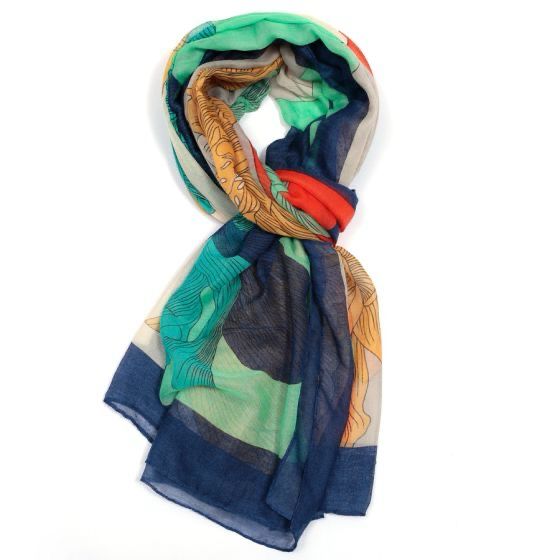Colourful Peonies Scarf - Orange/Green Tones