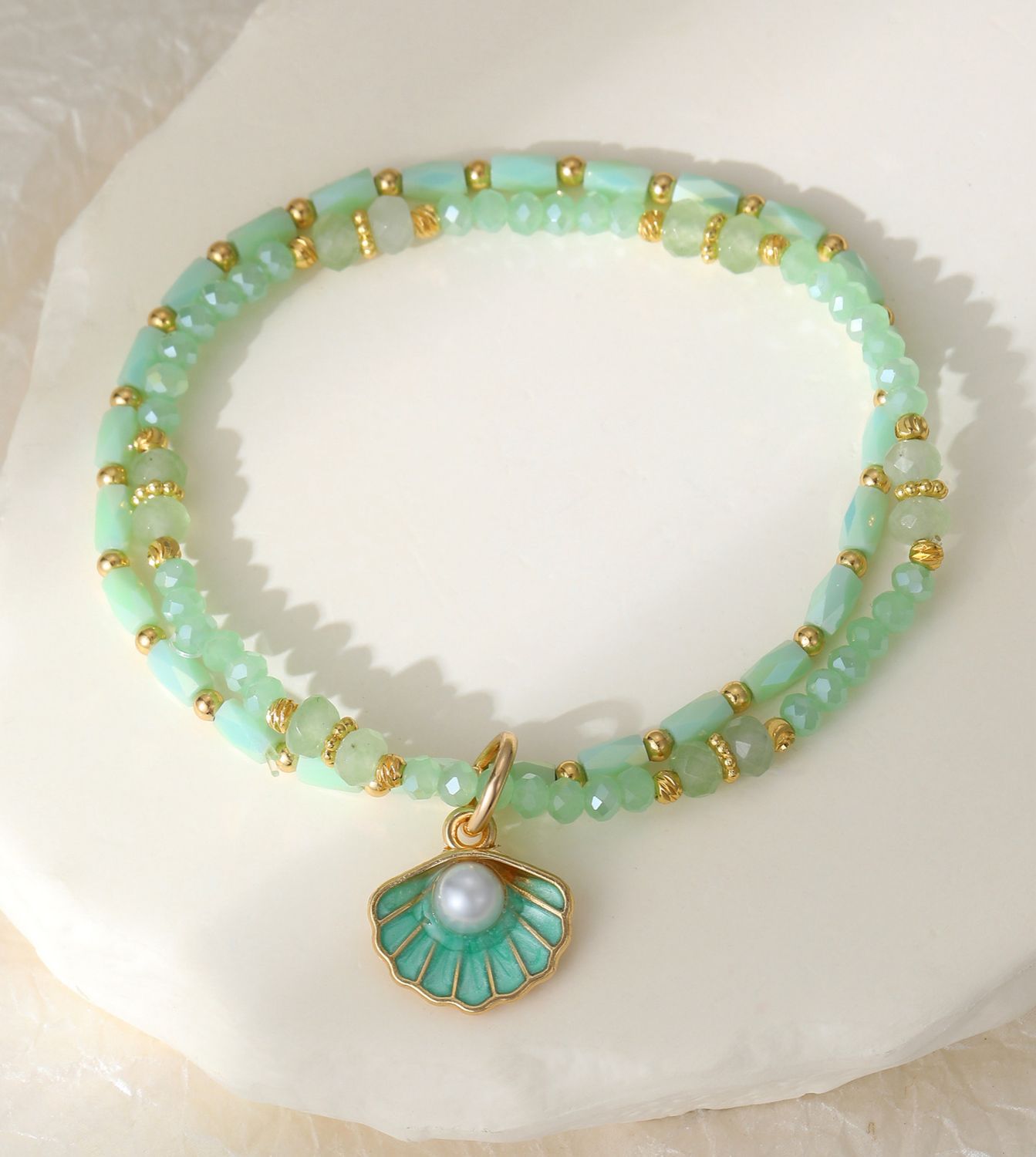 Double Strand Green Shell Faux Pearl Bracelet