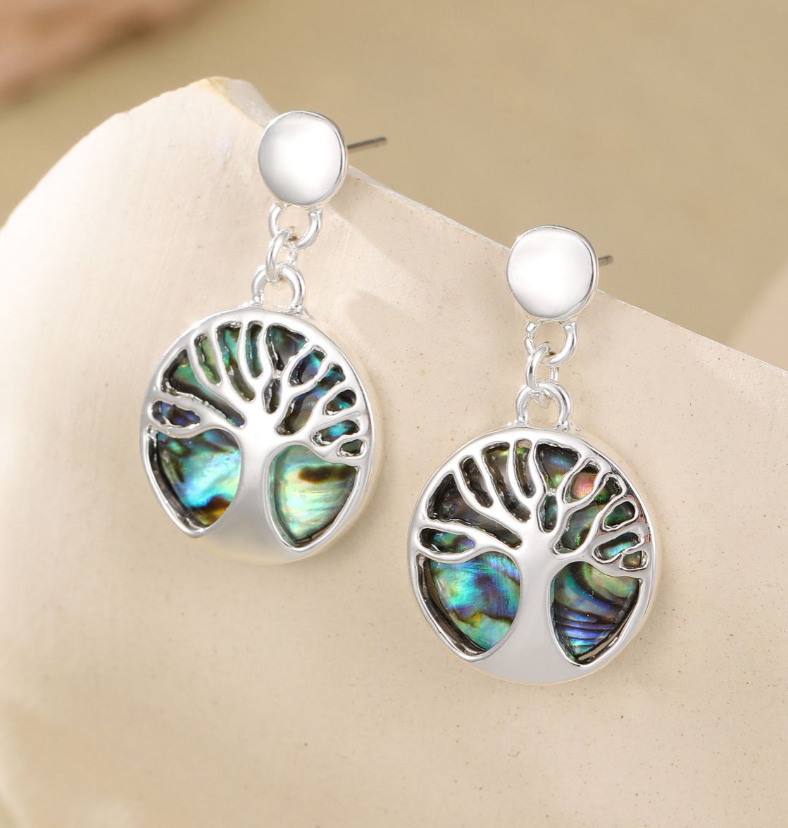 Tree Of Life Contemporary Paua Shell Drop Earrings