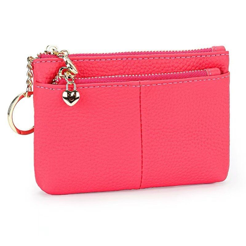 Coral Leather Three Zip Heart Charm Purse