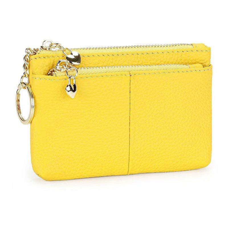 Yellow Leather Three Zip Heart Charm Purse
