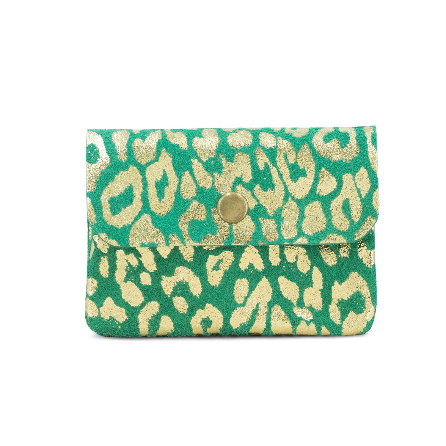 Suede Leather Button Purse - Green With Leopard Foil