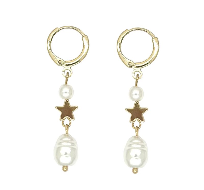 Star Pearl Huggie Drop Earrings  - Gold