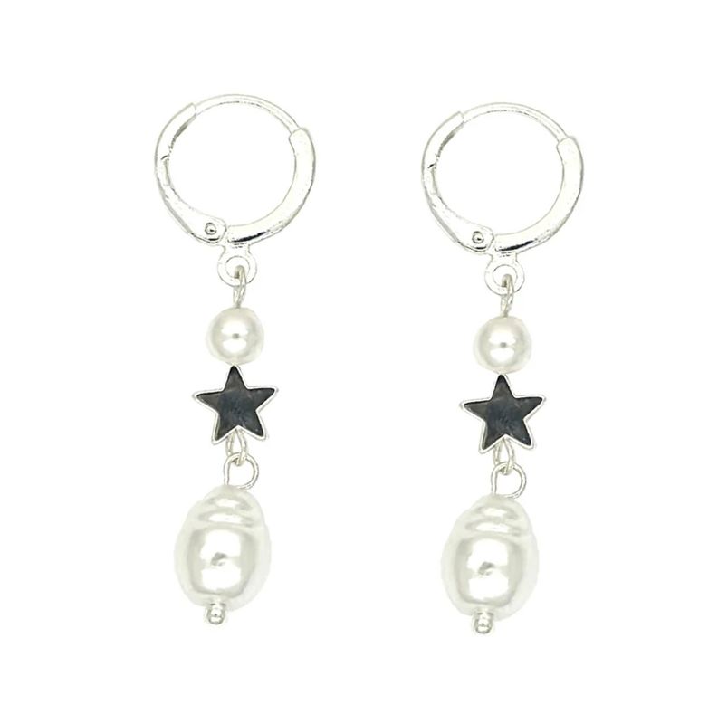 Star Pearl Huggie Drop Earrings - Silver