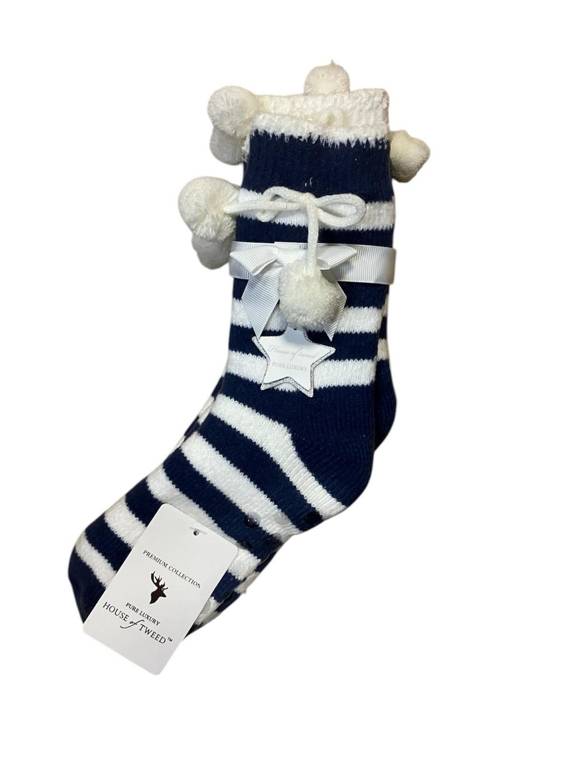 Luxury Twin Pack Slipper Socks - Navy Stripe