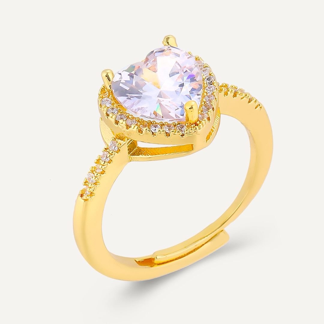 Cubic Zirconia Heart Adjustable Ring - Gold