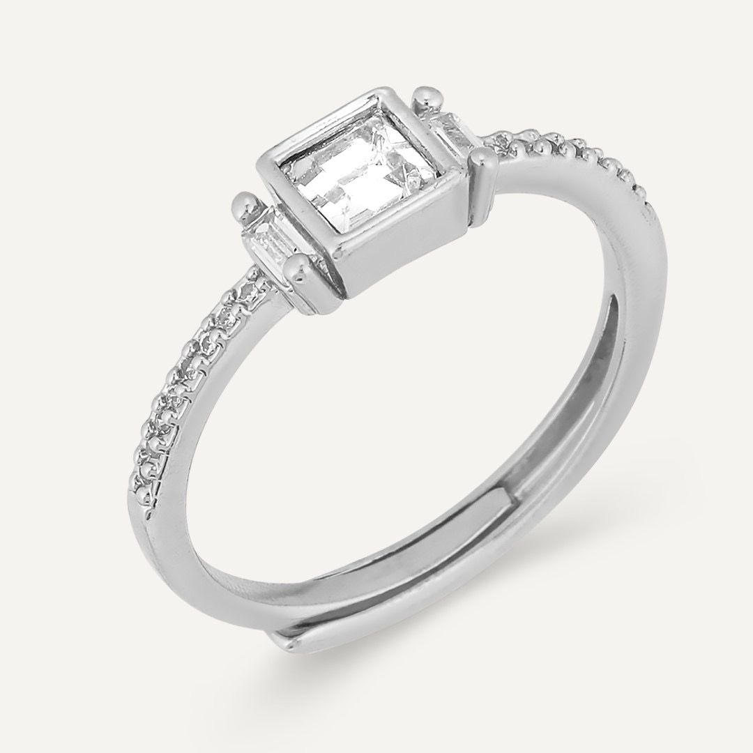 Cubic Zirconia Rectangular Adjustable Ring - Silver