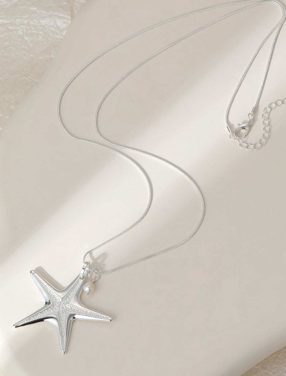 Long Starfish Faux Pearl Necklace - Silver