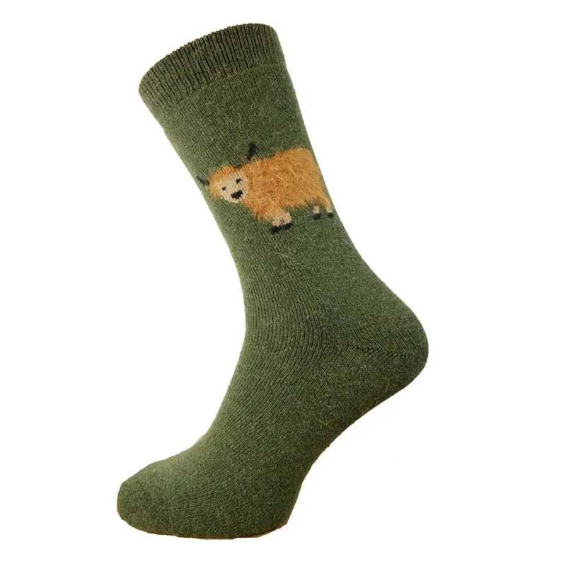 Dark Green Highland Cow Wool Blend Socks