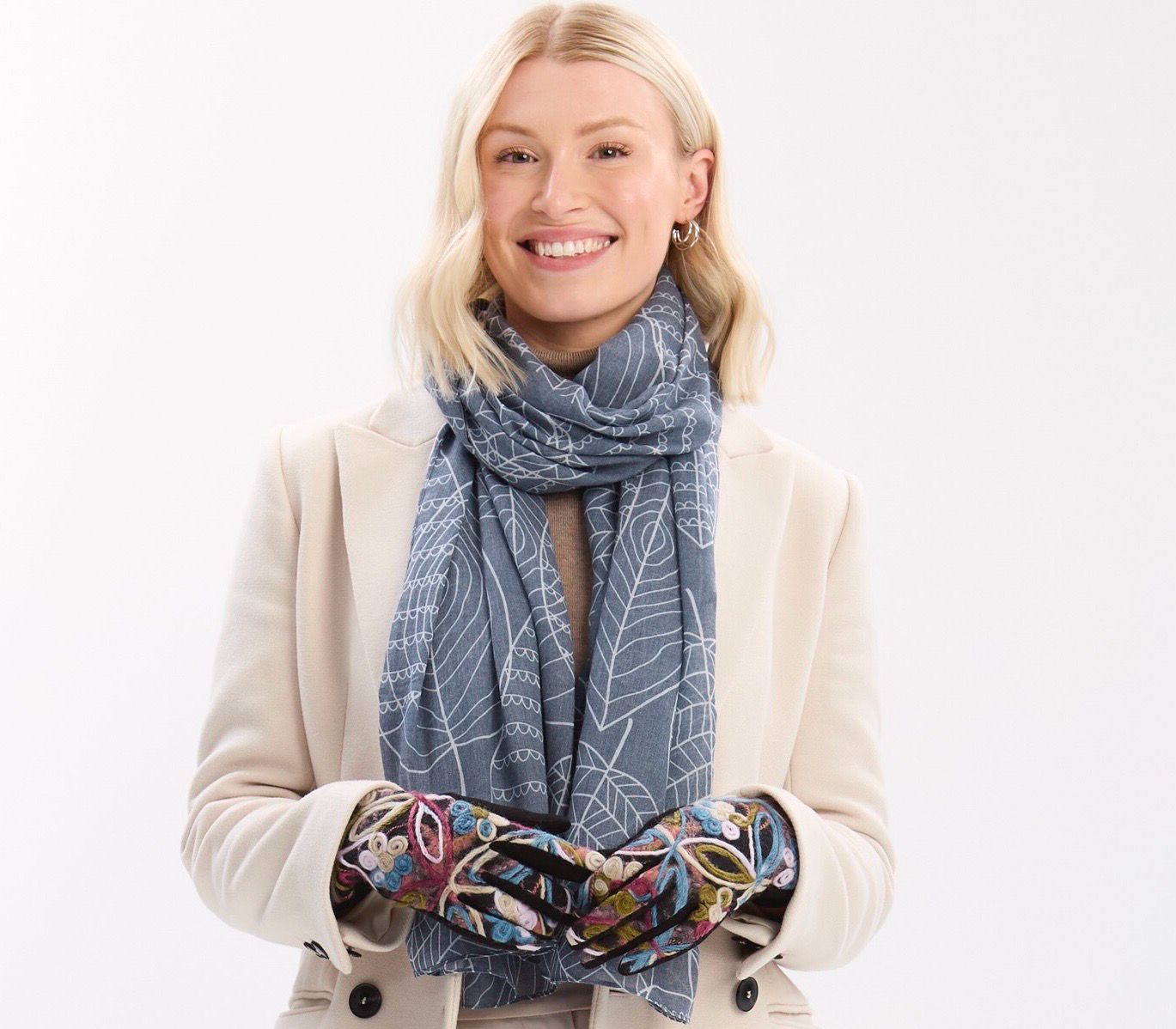 Leaf Outline Scarf - Grey/Navy