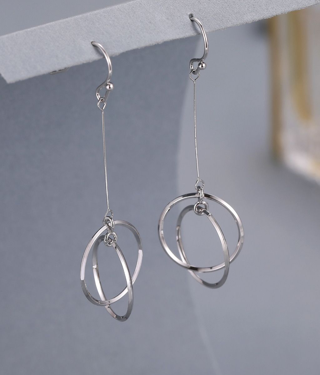 Double Circle Drop Earrings - Silver