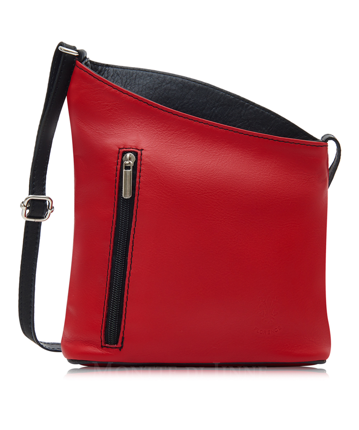 Red With Black Soft Leather Angled Shoulder Bag 
