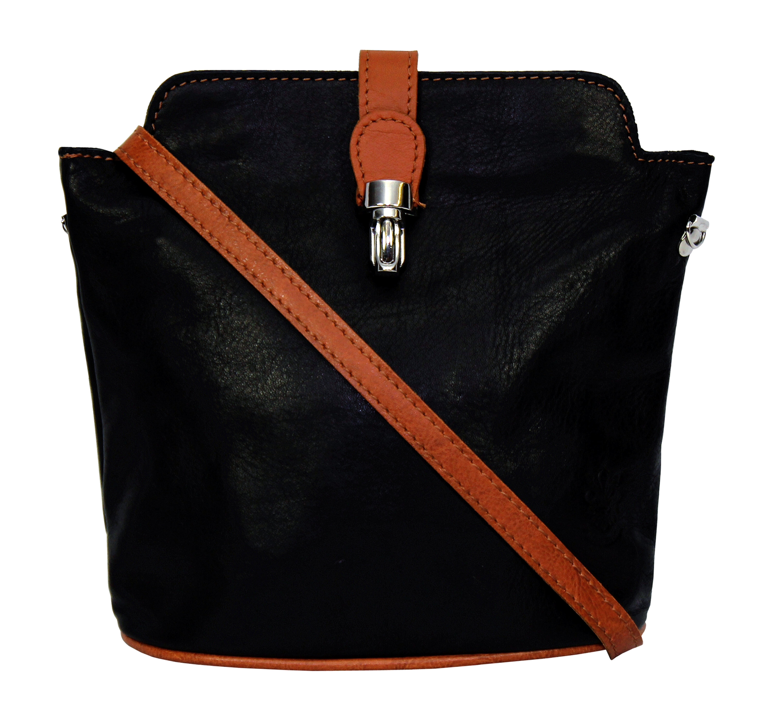 Black Body with Tan Trim Soft Leather Clip Bag 