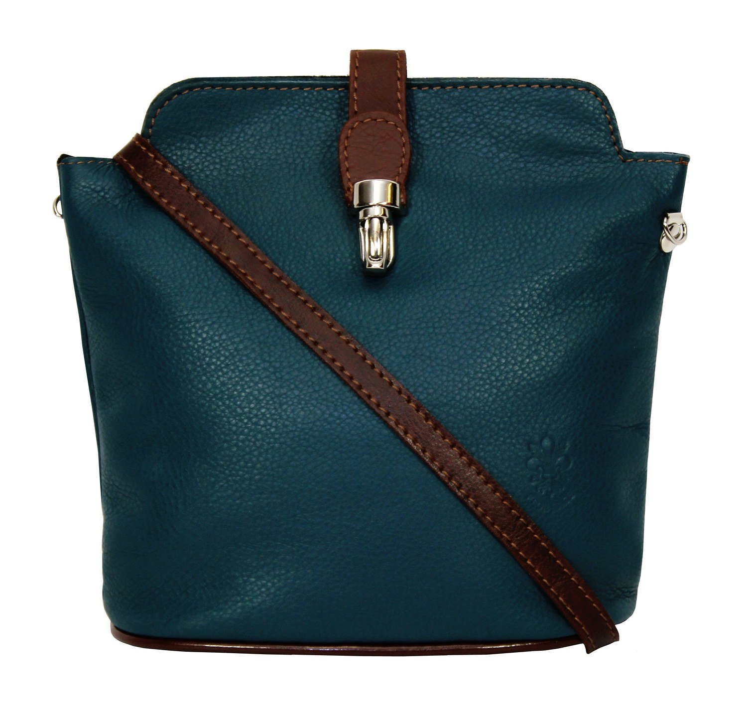 Teal Body With Dark Tan Trim Soft Leather Clip Bag 