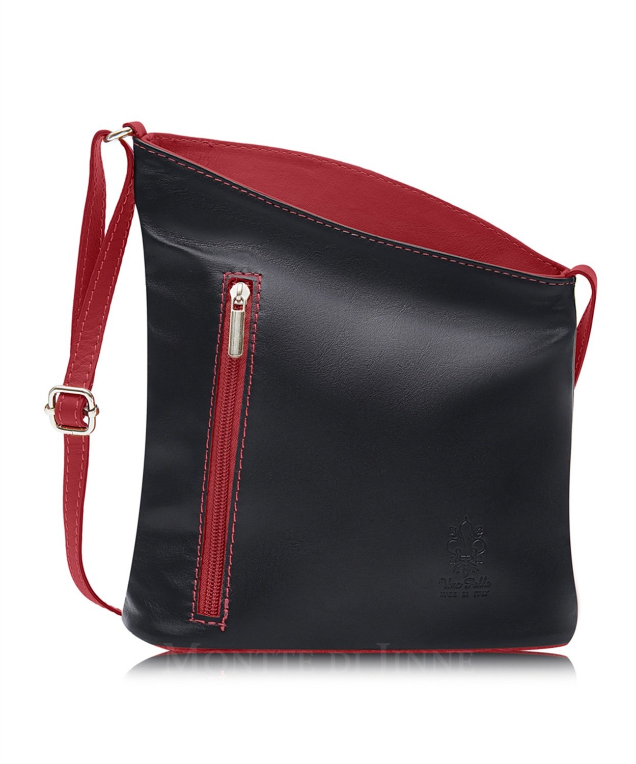Black With Red Trim Soft Leather Angled Shoulder Bag 